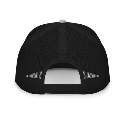 MOONSMC OG Logo White Embroidered 5 Panel Trucker Hat: rear view showing black mesh and an adjustable snap closure.