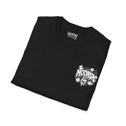 MOONSMC Urban Drip Graffiti Style T-Shirt: folded black tee showing the small chest graphic.