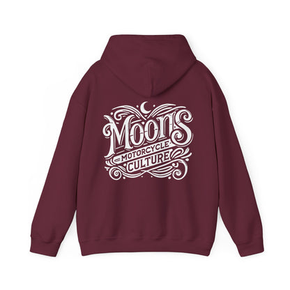 MOONSMC "The Saloon" Hooded Sweatshirt: burgundy hoodie showing the large back logo with the hood down.