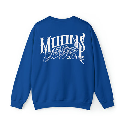 MOONSMC OG Logo Heavy Blend Crewneck Sweatshirt: royal blue sweatshirt showing the large white back logo.