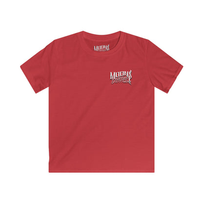 MOONSMC OG Logo Kids Softstyle T-shirt: front of the red kids tee with a small chest logo.