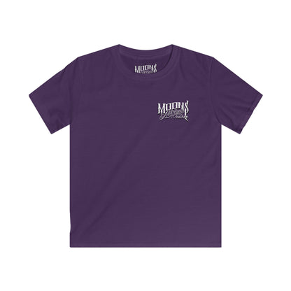 MOONSMC OG Logo Kids Softstyle T-shirt: front of the purple kids tee with a small chest logo.