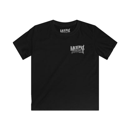 MOONSMC OG Logo Kids Softstyle T-shirt: front of the black kids tee with a small chest logo.