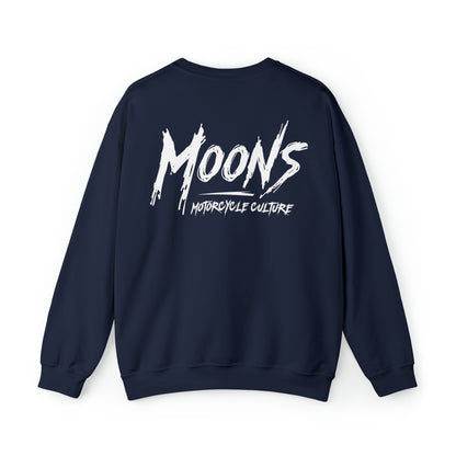 MOONSMC Graffiti Type Logo Heavy Blend Crewneck Sweatshirt: navy sweatshirt showing the large white graffiti-style back logo.