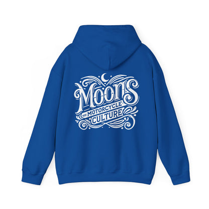 MOONSMC "The Saloon" Hooded Sweatshirt: royal blue hoodie showing the large back logo with the hood down.