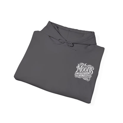 MOONSMC "The Saloon" Hooded Sweatshirt: folded charcoal hoodie showing its small chest logo.