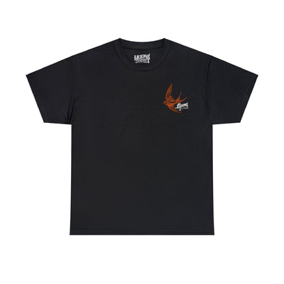 MOONSMC San Juan Capistrano Swallow Heavy Cotton Tee: front of the black tee with a small swallow graphic.