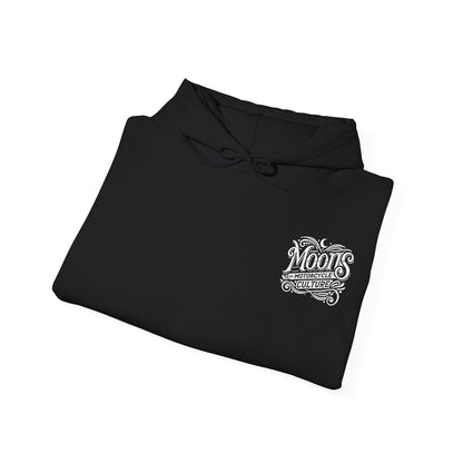 MOONSMC "The Saloon" Hooded Sweatshirt: folded black hoodie showing its small chest logo.