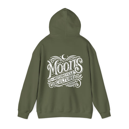 MOONSMC "The Saloon" Hooded Sweatshirt: olive green hoodie showing the large back logo with the hood raised.