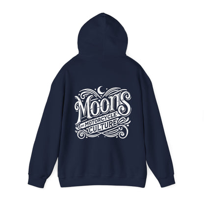 MOONSMC "The Saloon" Hooded Sweatshirt: navy hoodie showing the large back logo with the hood raised.