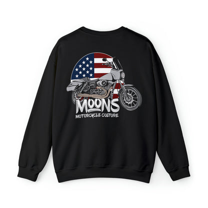 MOONSMC FXDT / T-SPORT "MURICA" Heavy Blend Crewneck Sweatshirt: black sweatshirt showing the motorcycle and American flag back graphic.
