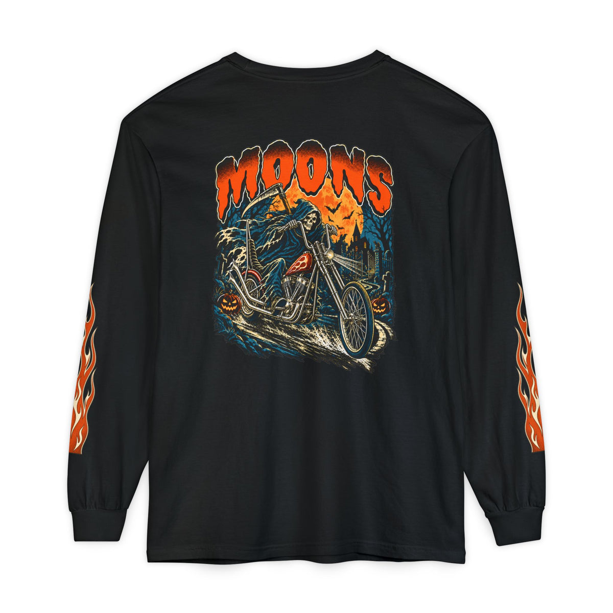 Back of black MOONSMC Midnight Reaper long sleeve tee with reaper and chopper artwork and orange sleeve flames