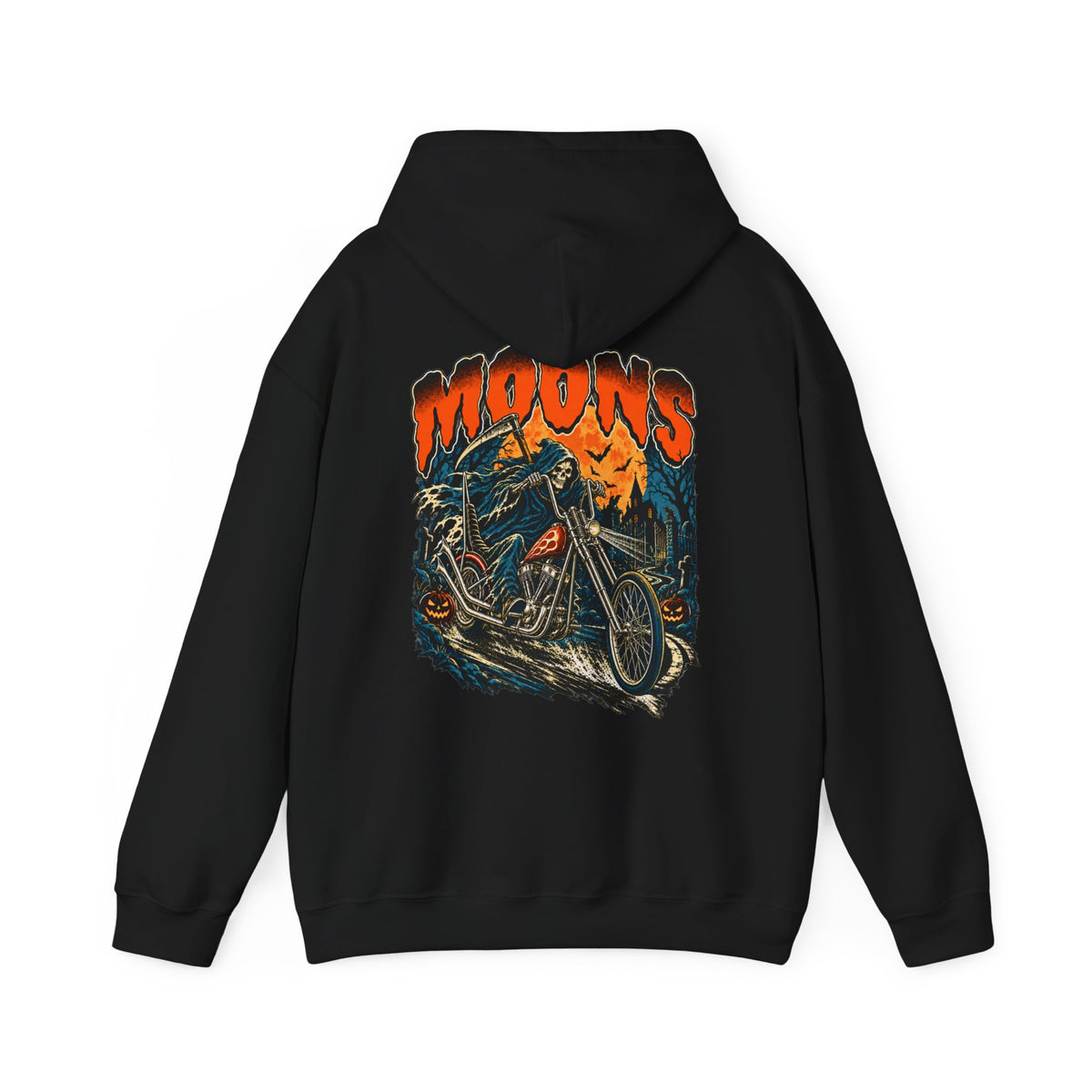 Back of black MOONSMC Midnight Reaper pullover hoodie with reaper and chopper artwork beneath an orange moon