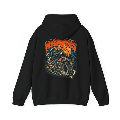 Back of black MOONSMC Midnight Reaper pullover hoodie with reaper and chopper artwork beneath an orange moon