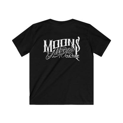 MOONSMC OG Logo Kids Softstyle T-shirt: black kids tee showing the large white back logo.