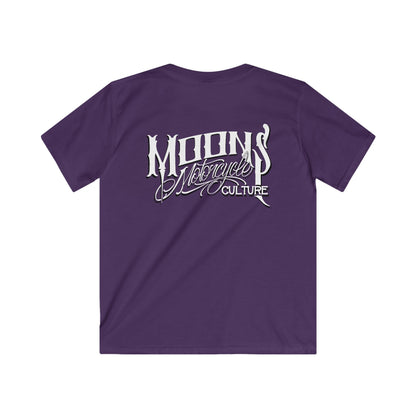 MOONSMC OG Logo Kids Softstyle T-shirt: purple kids tee showing the large back logo.