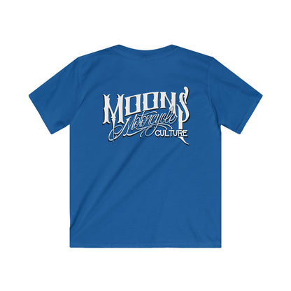 MOONSMC OG Logo Kids Softstyle T-shirt: royal blue kids tee showing the large back logo.