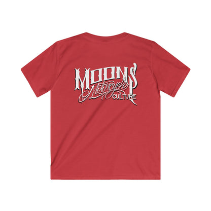 MOONSMC OG Logo Kids Softstyle T-shirt: red kids tee showing the large back logo.
