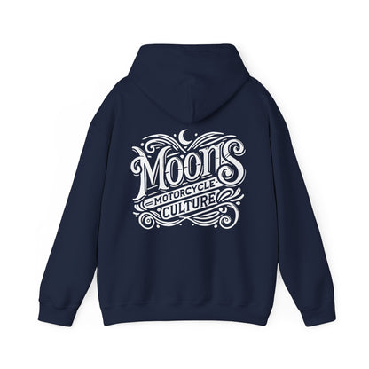 MOONSMC "The Saloon" Hooded Sweatshirt: navy hoodie showing the large back logo with the hood down.