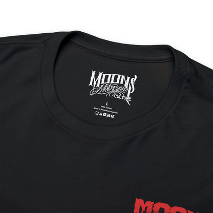 MOONSMC FXR Headless Horsemen Graveyard Wheelie T-Shirt Red: close-up of the black neckline and printed neck label.