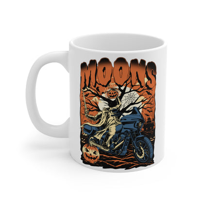 MOONSMC 2024 Halloween Edition - FXLRST Headless Horsemen Graveyard Coffee Mug Orange: white mug showing the rider and pumpkin graphic, handle on the left.