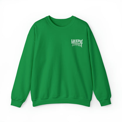 MOONSMC OG Logo Heavy Blend Crewneck Sweatshirt: front of the green sweatshirt with a small chest logo.