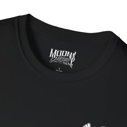 MOONSMC Urban Drip Graffiti Style T-Shirt: close-up of the black neckline and printed neck label.