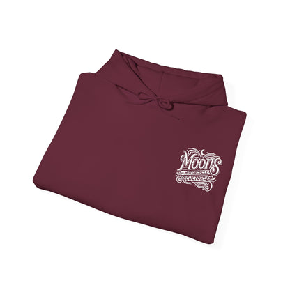 MOONSMC "The Saloon" Hooded Sweatshirt: folded burgundy hoodie showing its small chest logo.