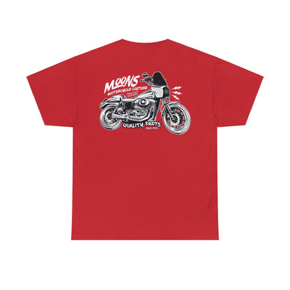 MOONSMC Dyna T-SPORT / FXDXT Heavy Cotton T-Shirt: red tee showing the large motorcycle back graphic.