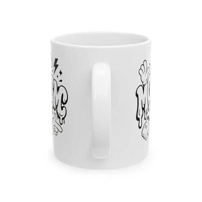 MOONSMC Urban Drip Graffiti Style Ceramic Coffee Mug: white mug viewed directly toward the handle.