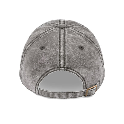 MOONSMC Vintage Badge Embroidered Stone Washed Hat: rear of the gray washed-finish cap showing its adjustable strap.