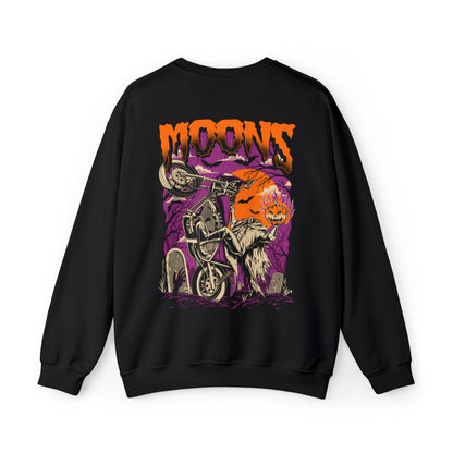 MOONSMC FXR Headless Horsemen Graveyard Wheelie Sweatshirt Purple: black sweatshirt showing the large headless rider back graphic.
