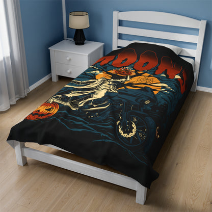 MOONSMC 2024 Halloween Edition - FXLRST Headless Horsemen Graveyard Indigo Velveteen Plush Blanket: printed blanket covering a bed.
