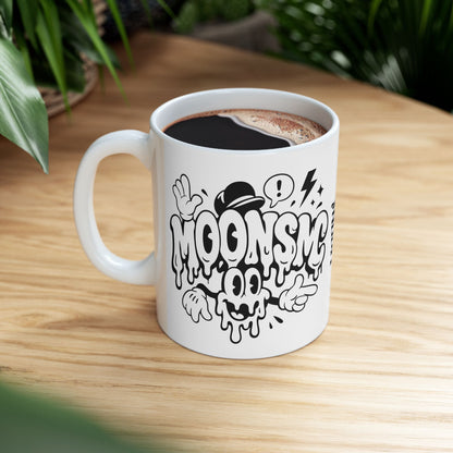 MOONSMC Urban Drip Graffiti Style Ceramic Coffee Mug: printed white mug filled with coffee on a wooden table.