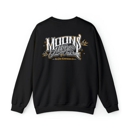 MOONSMC San Juan Capistrano, Ca. Logo Heavy Blend Crewneck Sweatshirt: black sweatshirt showing the large back logo.