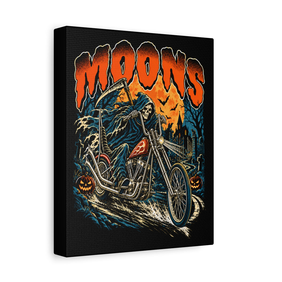 Angled view of MOONSMC Midnight Reaper Halloween 2026 8 by 10 inch canvas with black edges and skeletal chopper rider artwork