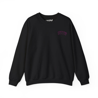 MOONSMC 2024 Halloween Edition - FXLRST Headless Horsemen Graveyard Sweatshirt Purple: front of the black sweatshirt with a small chest logo.