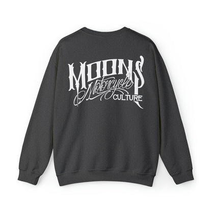 MOONSMC OG Logo Heavy Blend Crewneck Sweatshirt: charcoal sweatshirt showing the large white back logo.