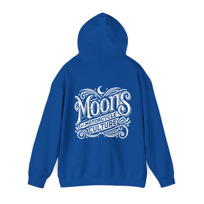 MOONSMC "The Saloon" Hooded Sweatshirt: royal blue hoodie showing the large back logo with the hood raised.