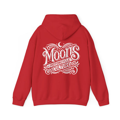 MOONSMC "The Saloon" Hooded Sweatshirt: red hoodie showing the large back logo with the hood down.