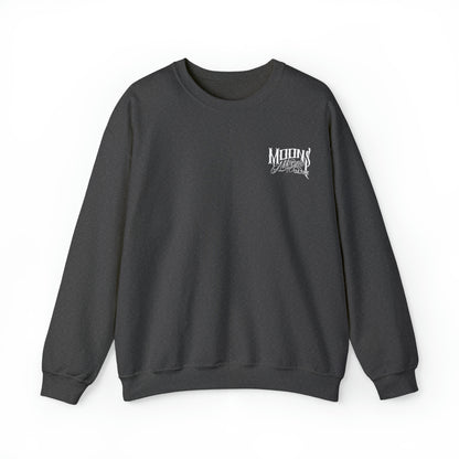 MOONSMC OG Logo Heavy Blend Crewneck Sweatshirt: front of the charcoal sweatshirt with a small chest logo.
