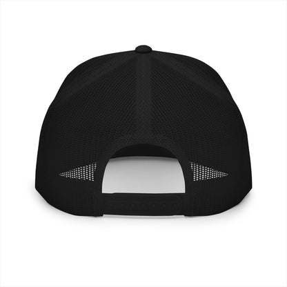MOONSMC OG Logo White Embroidered 5 Panel Trucker Hat: rear view showing black mesh and an adjustable snap closure.