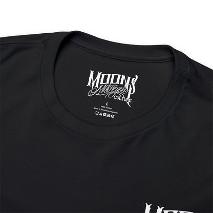 Close-up of the neckline and printed neck label on a black MOONSMC Road Glide Special T-shirt.