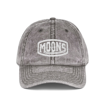 MOONSMC Vintage Badge Embroidered Stone Washed Hat: front of the gray washed-finish cap with an embroidered badge.
