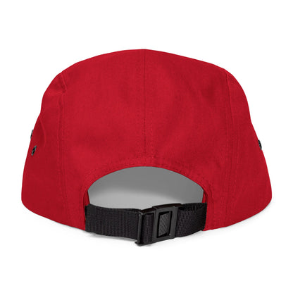 MOONSMC Vintage Badge Embroidered Logo 5 Panel Hat: rear of the red five-panel cap showing its adjustable buckle strap.