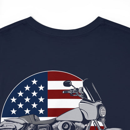 MOONSMC FXDT / T-SPORT "MURICA" Heavy T-Shirt: close-up of the motorcycle and American flag back graphic on navy fabric.