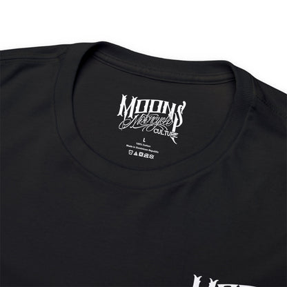 MOONSMC "Red Rider" FXR Heavy Cotton T-shirt: close-up of the black neckline and printed neck label.