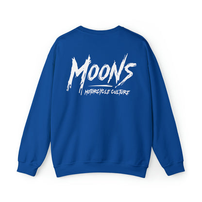 MOONSMC Graffiti Type Logo Heavy Blend Crewneck Sweatshirt: royal blue sweatshirt showing the large white graffiti-style back logo.