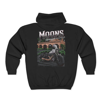 MOONSMC San Juan Capistrano - Mission Dyna Zip Hoodie: back of the black zip hoodie with the mission and motorcycle graphic.