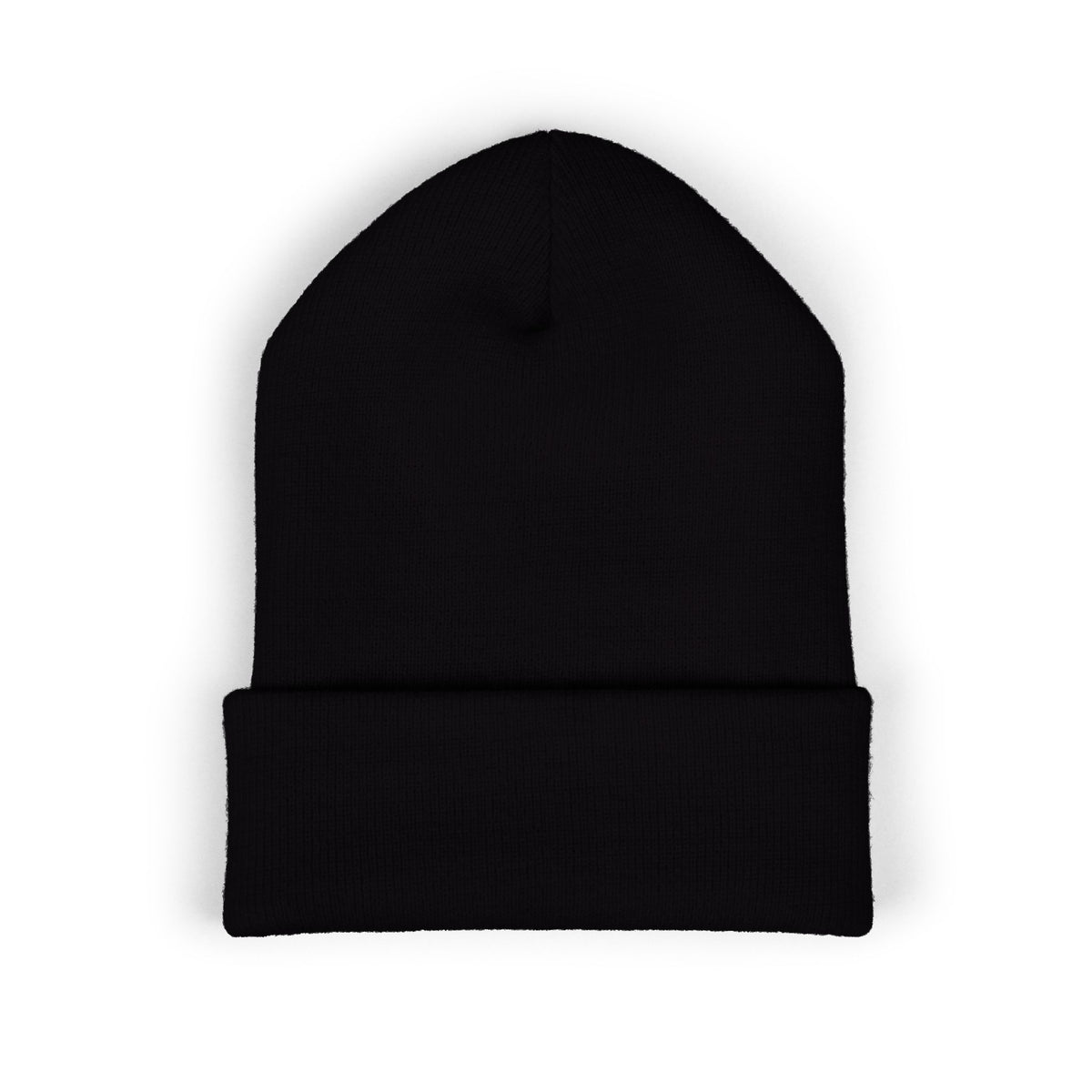 Back view of black MOONSMC Midnight Reaper cuffed beanie showing plain knit and folded cuff
